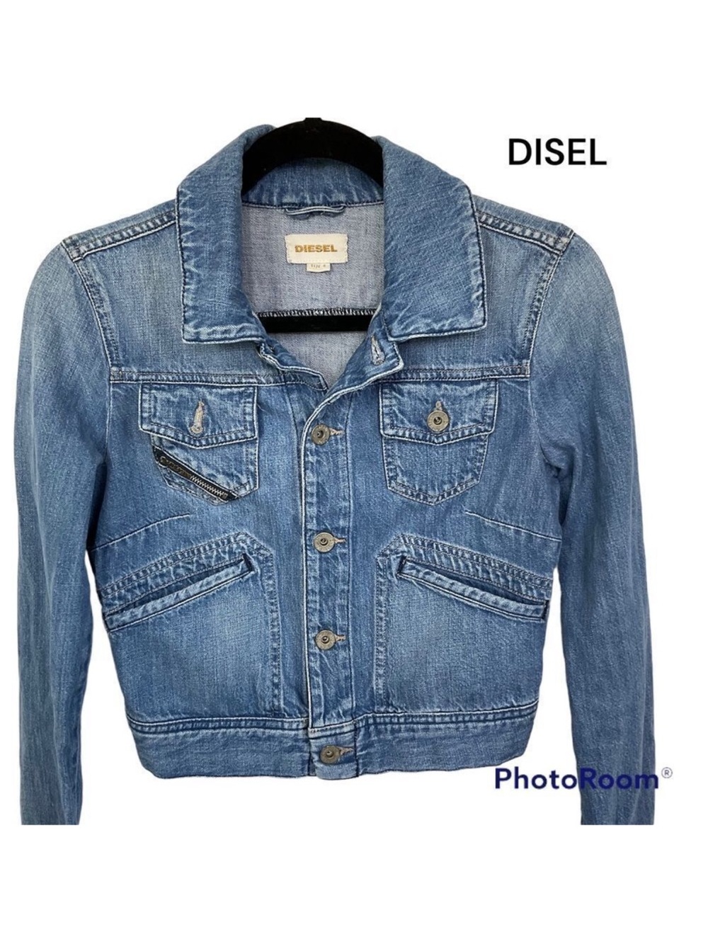 vintage Diesel medium-wash denim crop jacket featuring an asymmetrical